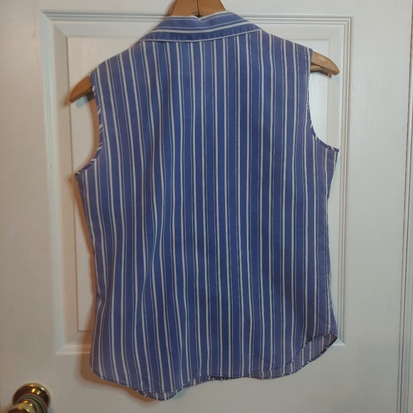 Paris Station Vintage Blue White Striped Sleeveless Button Up Shirt Coastal Sz M - Picture 2 of 9